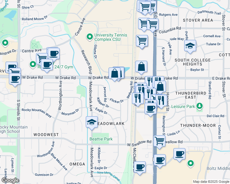 map of restaurants, bars, coffee shops, grocery stores, and more near 2629 Redwing Road in Fort Collins
