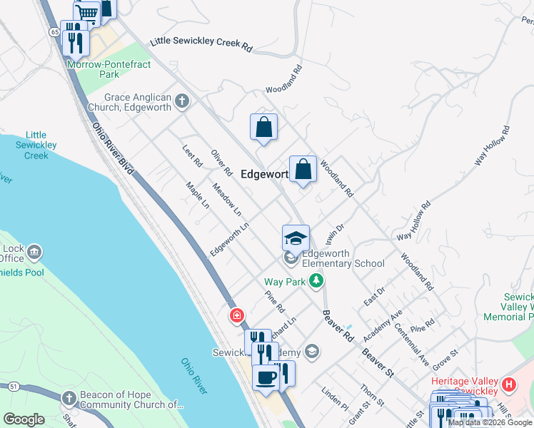 map of restaurants, bars, coffee shops, grocery stores, and more near 406 Edgeworth Lane in Sewickley
