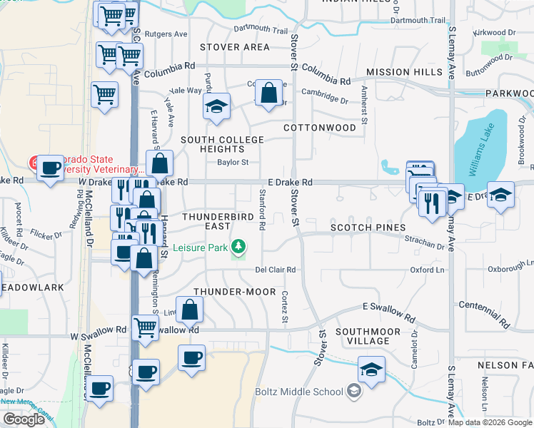 map of restaurants, bars, coffee shops, grocery stores, and more near 2700 Stanford Road in Fort Collins