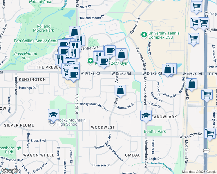 map of restaurants, bars, coffee shops, grocery stores, and more near 819 Winchester Drive in Fort Collins