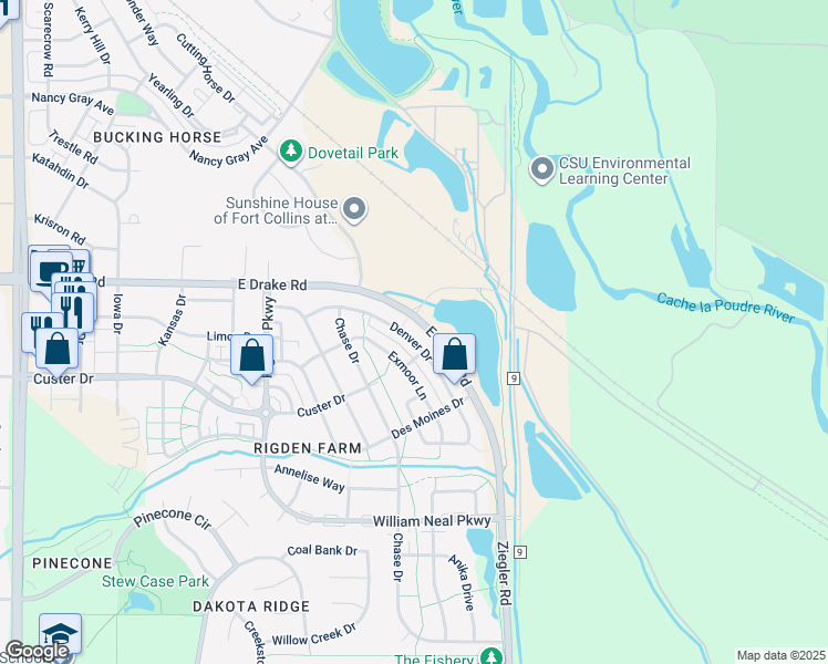 map of restaurants, bars, coffee shops, grocery stores, and more near 2914 Denver Drive in Fort Collins