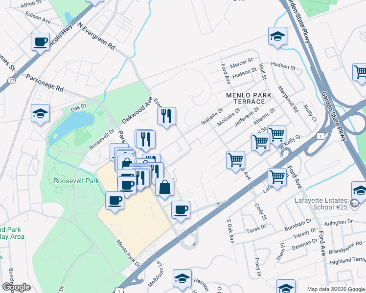 map of restaurants, bars, coffee shops, grocery stores, and more near 161 Evergreen Road in Edison