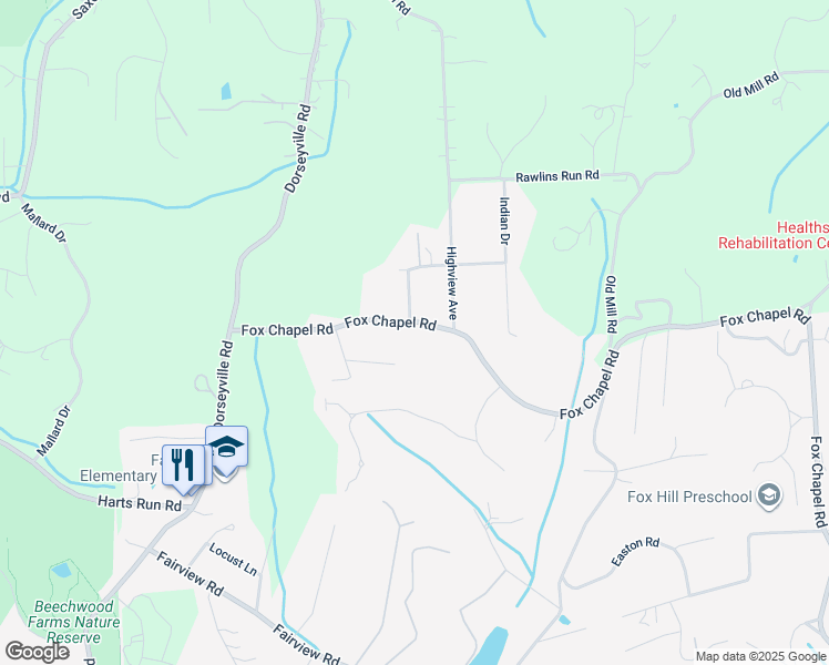 map of restaurants, bars, coffee shops, grocery stores, and more near 1915 Fox Chapel Road in Pittsburgh