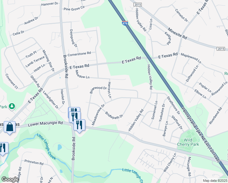 map of restaurants, bars, coffee shops, grocery stores, and more near 4940 Briarwood Drive in Macungie