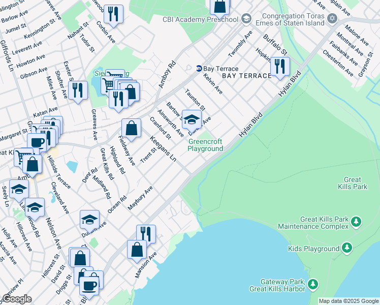 map of restaurants, bars, coffee shops, grocery stores, and more near 120 Maybury Avenue in Staten Island