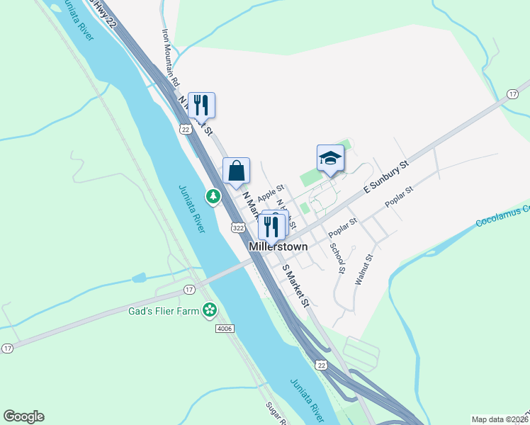 map of restaurants, bars, coffee shops, grocery stores, and more near 201 Greenwood Street in Millerstown