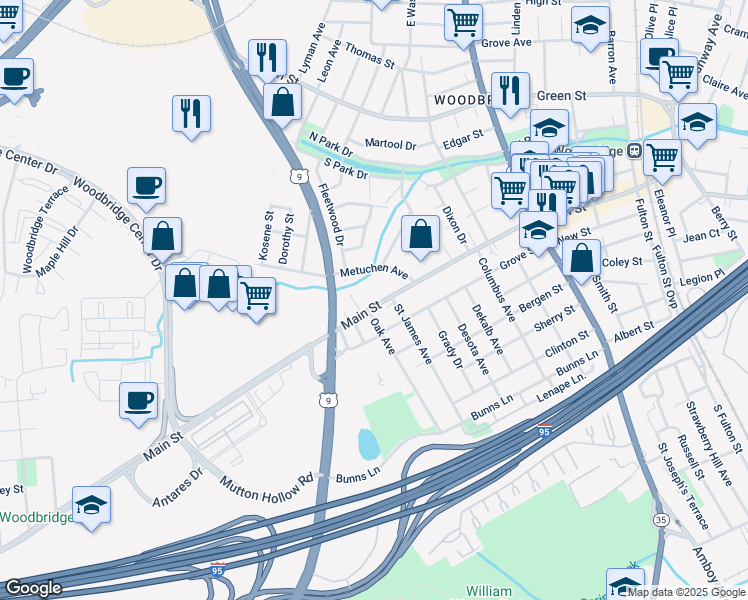 map of restaurants, bars, coffee shops, grocery stores, and more near 272 Main Street in Woodbridge Township