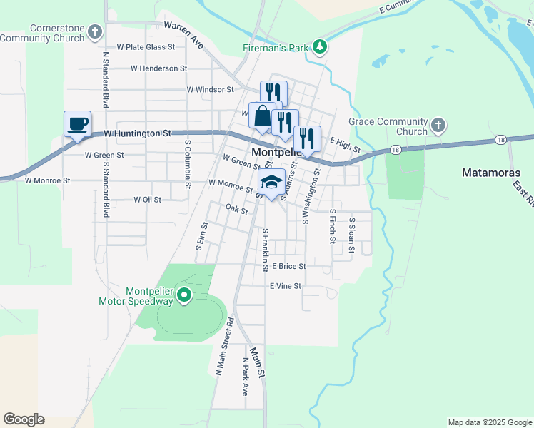 map of restaurants, bars, coffee shops, grocery stores, and more near 499 South Franklin Street in Montpelier