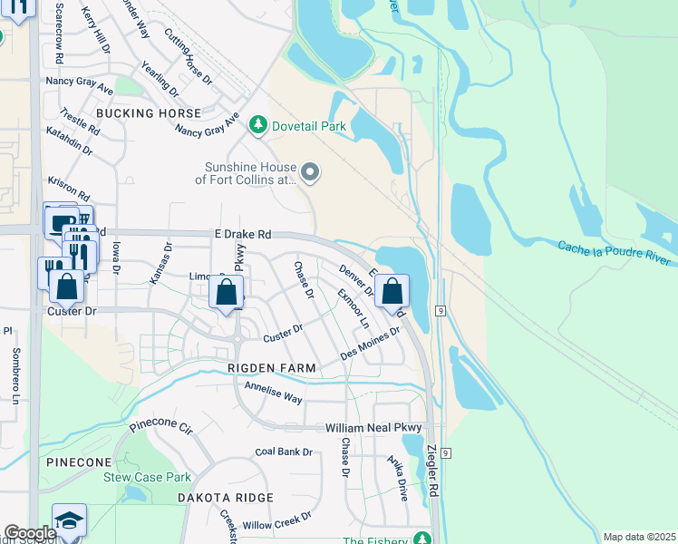 map of restaurants, bars, coffee shops, grocery stores, and more near 2730 Exmoor Lane in Fort Collins