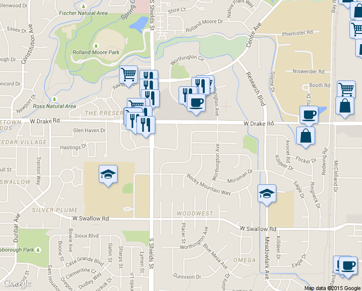 map of restaurants, bars, coffee shops, grocery stores, and more near 906 Wagonwheel Drive in Fort Collins