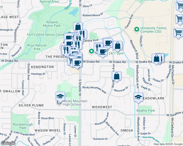 map of restaurants, bars, coffee shops, grocery stores, and more near 1006 Davidson Drive in Fort Collins
