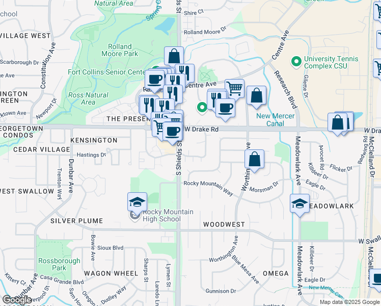 map of restaurants, bars, coffee shops, grocery stores, and more near 1006 Davidson Drive in Fort Collins