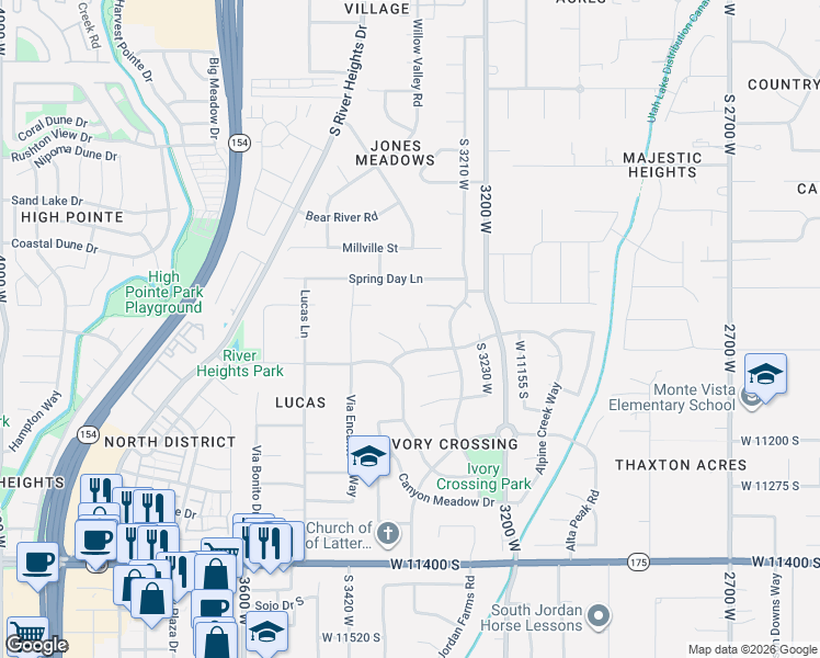 map of restaurants, bars, coffee shops, grocery stores, and more near 11012 Albion Pass Court in South Jordan