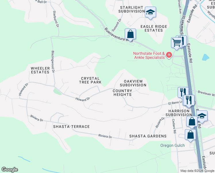 map of restaurants, bars, coffee shops, grocery stores, and more near 2638 Howard Drive in Redding