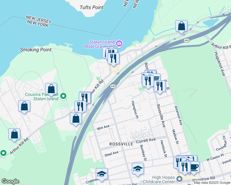 map of restaurants, bars, coffee shops, grocery stores, and more near 7 Kunath Avenue in Staten Island