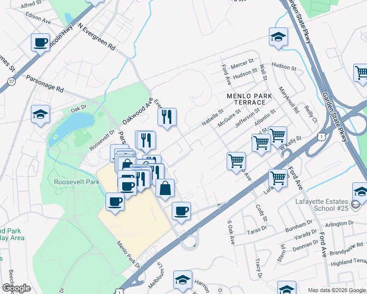 map of restaurants, bars, coffee shops, grocery stores, and more near 161 Evergreen Road in Edison