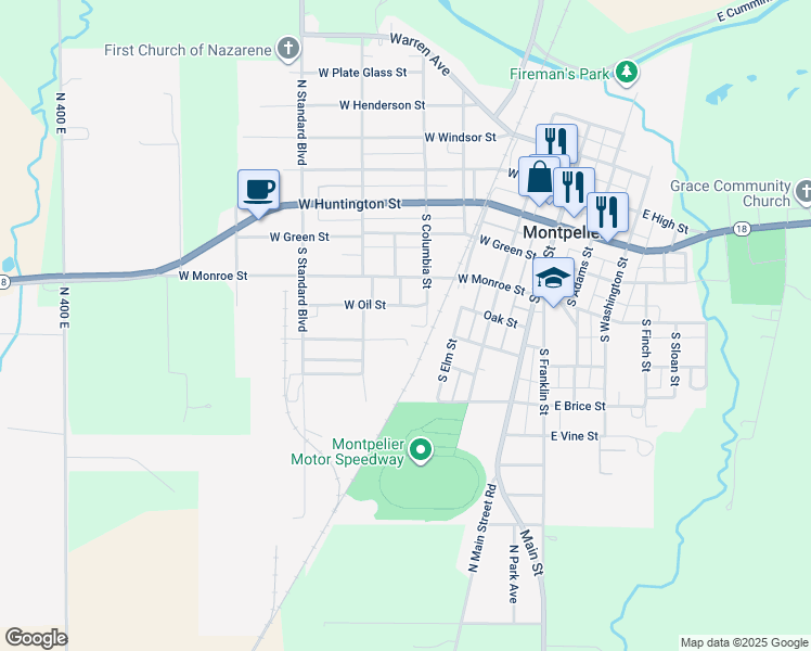 map of restaurants, bars, coffee shops, grocery stores, and more near 400 West Oil Street in Montpelier
