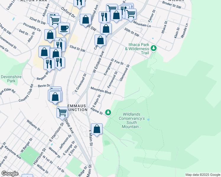 map of restaurants, bars, coffee shops, grocery stores, and more near 618 Fernwood Street in Emmaus