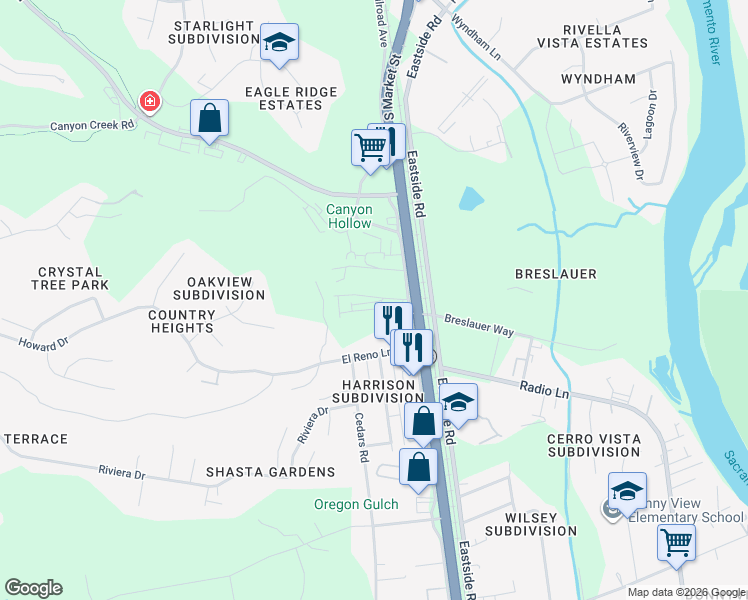 map of restaurants, bars, coffee shops, grocery stores, and more near 4410 Westside Road in Redding