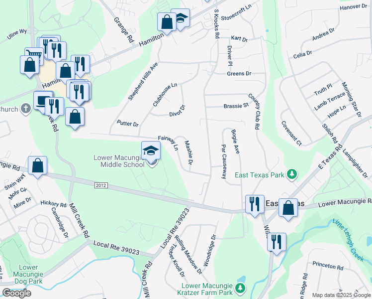 map of restaurants, bars, coffee shops, grocery stores, and more near 1416 Mashie Drive in Wescosville