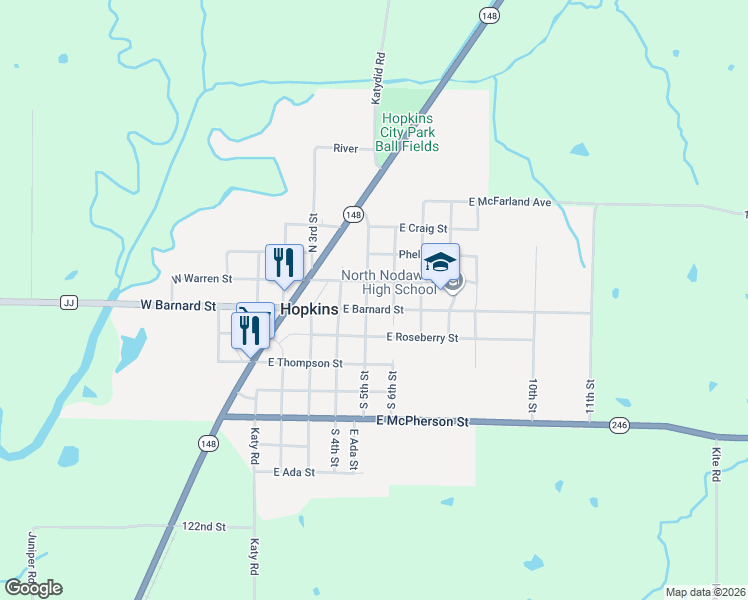 map of restaurants, bars, coffee shops, grocery stores, and more near 501 East Barnard Street in Hopkins