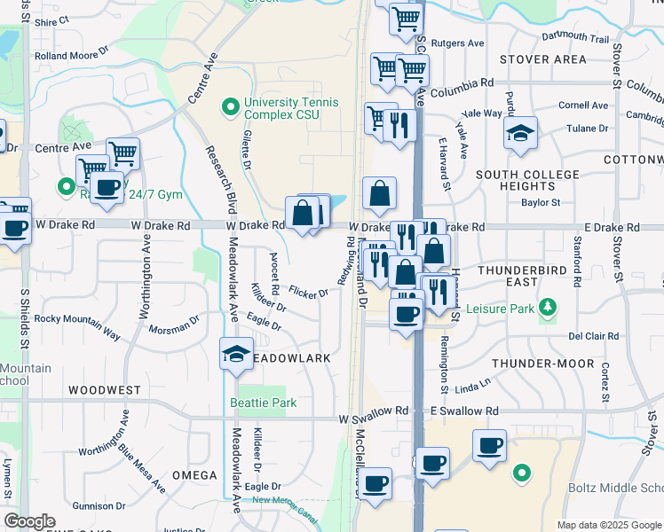 map of restaurants, bars, coffee shops, grocery stores, and more near 2625 Redwing Road in Fort Collins