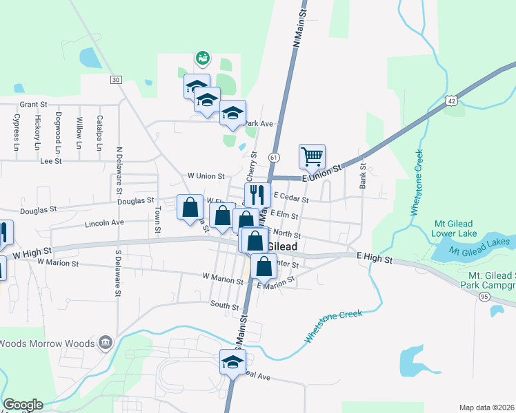 map of restaurants, bars, coffee shops, grocery stores, and more near 67 North Main Street in Mount Gilead