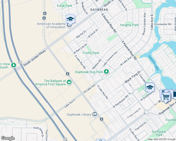 map of restaurants, bars, coffee shops, grocery stores, and more near 11023 Lake Run Road in South Jordan