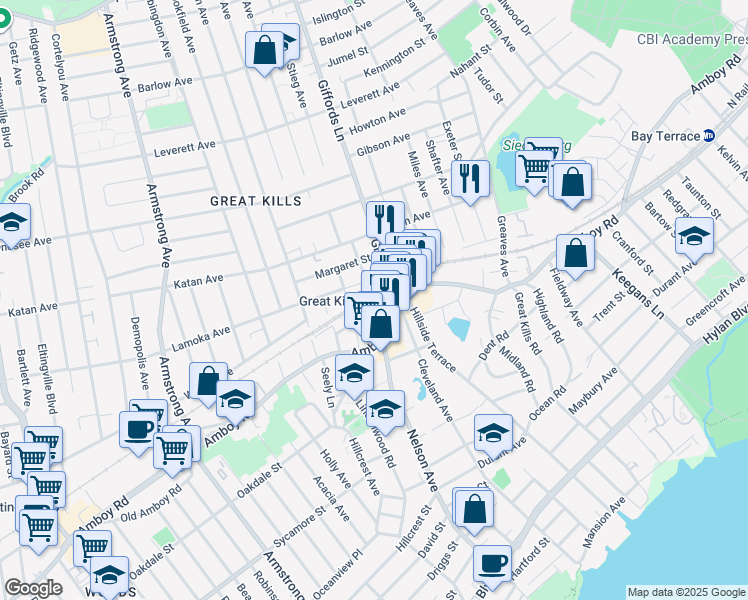 map of restaurants, bars, coffee shops, grocery stores, and more near 3986 Amboy Road in Staten Island