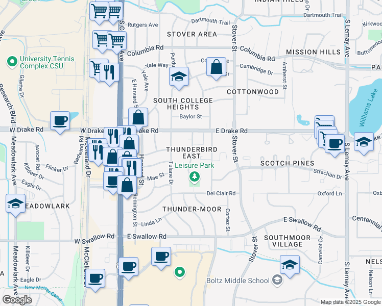 map of restaurants, bars, coffee shops, grocery stores, and more near 2711 Leisure Drive in Fort Collins