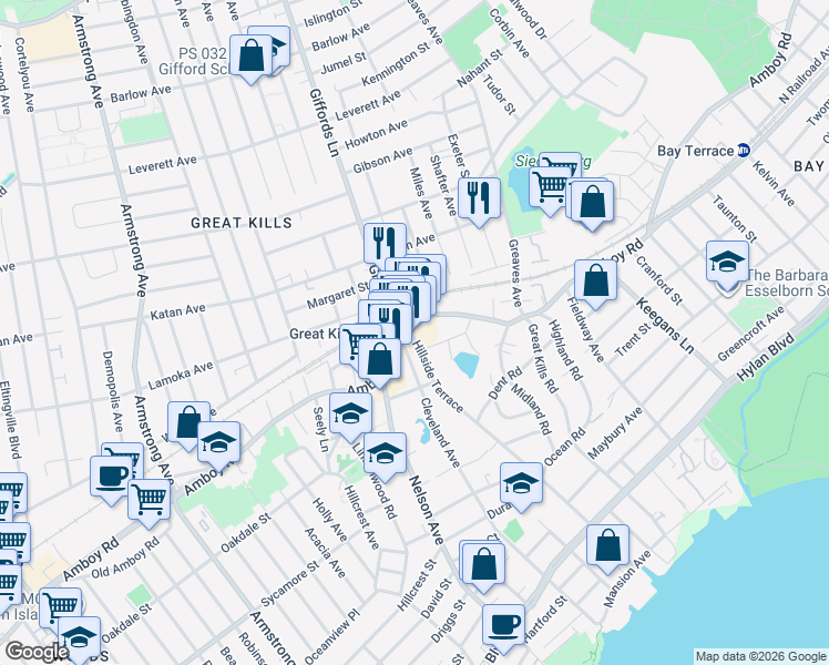 map of restaurants, bars, coffee shops, grocery stores, and more near 3936 Amboy Road in Staten Island