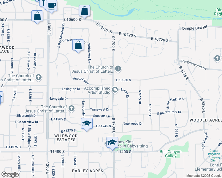 map of restaurants, bars, coffee shops, grocery stores, and more near 11023 Longdale Circle in Sandy