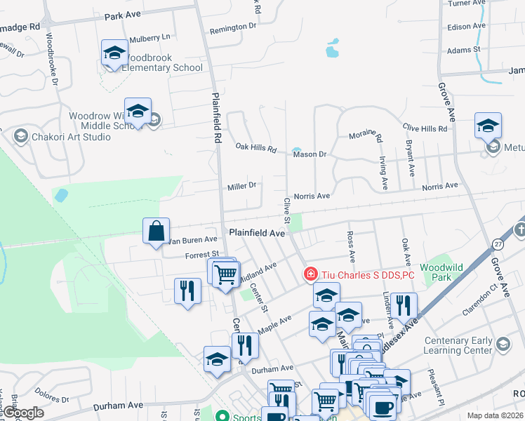 map of restaurants, bars, coffee shops, grocery stores, and more near 50 Willow Road in Metuchen