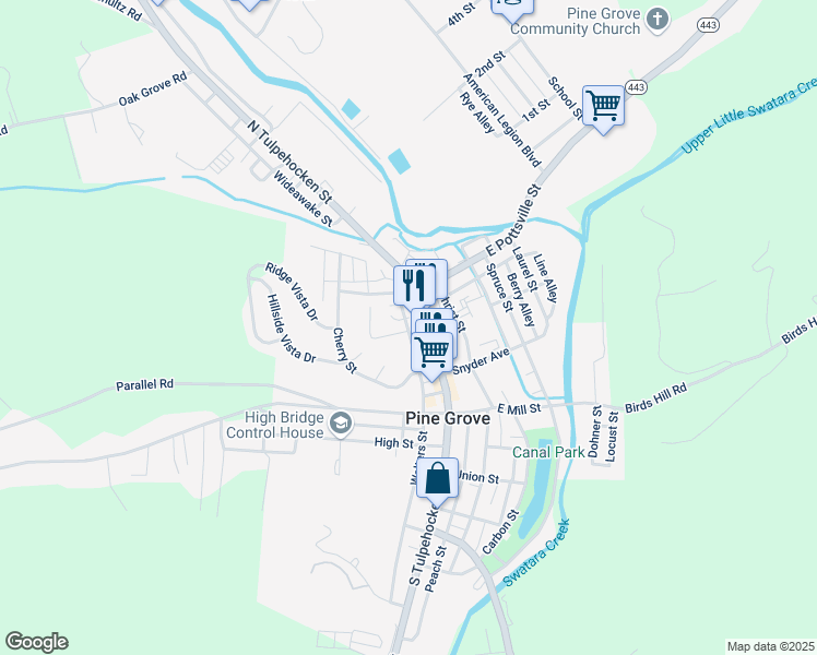 map of restaurants, bars, coffee shops, grocery stores, and more near 98 Walters Street in Pine Grove