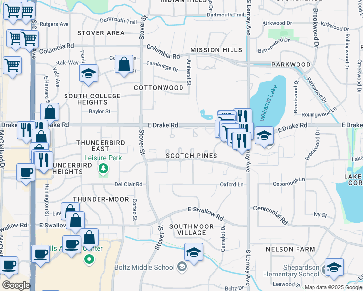 map of restaurants, bars, coffee shops, grocery stores, and more near 2700 Dundee Court in Fort Collins