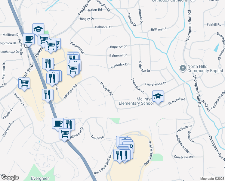 map of restaurants, bars, coffee shops, grocery stores, and more near 115 Derwent Drive in Pittsburgh