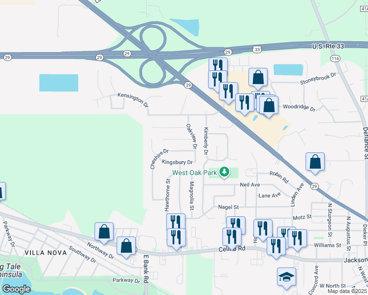 map of restaurants, bars, coffee shops, grocery stores, and more near 1712 Cheshire Drive in Saint Marys