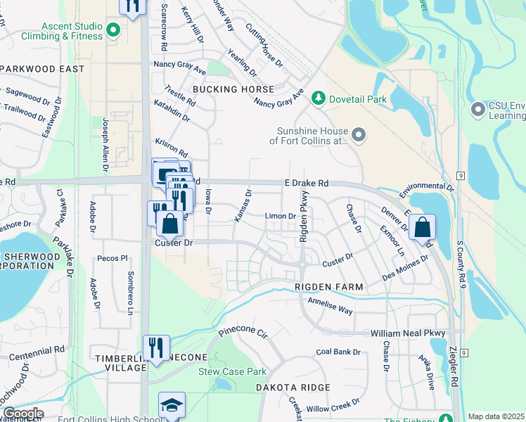 map of restaurants, bars, coffee shops, grocery stores, and more near 2608 Kansas Drive in Fort Collins