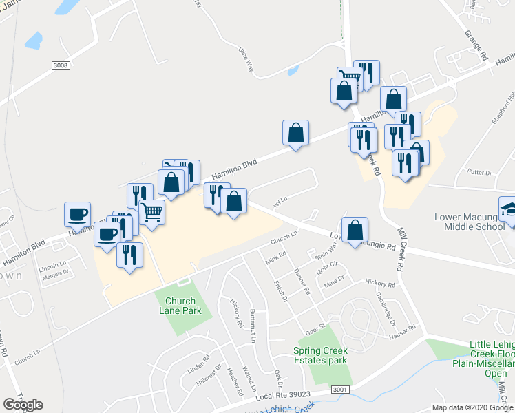 map of restaurants, bars, coffee shops, grocery stores, and more near Lower Macungie Road in Trexlertown