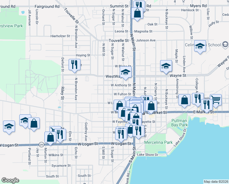 map of restaurants, bars, coffee shops, grocery stores, and more near 219 West Fulton Street in Celina