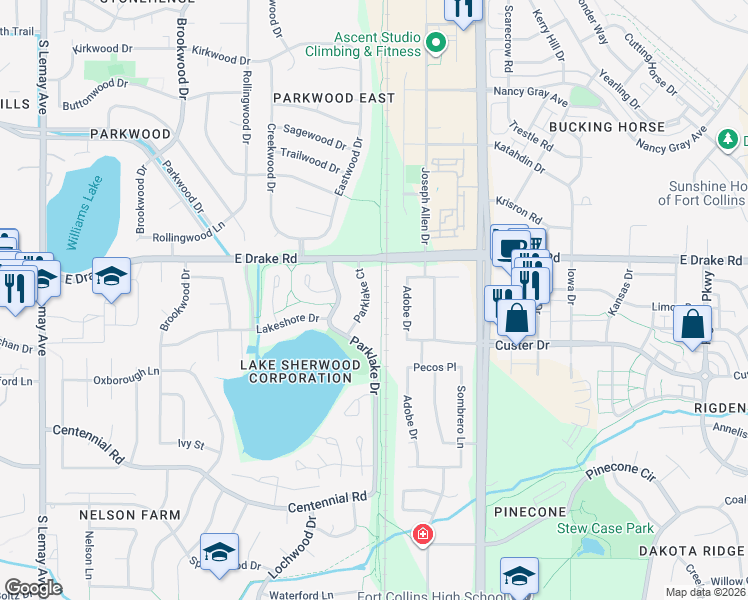 map of restaurants, bars, coffee shops, grocery stores, and more near 2632 Parklake Court in Fort Collins