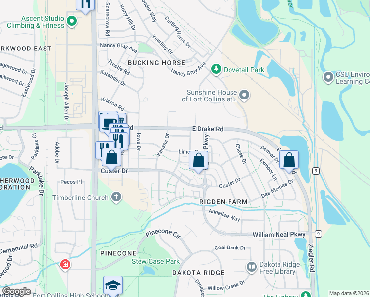 map of restaurants, bars, coffee shops, grocery stores, and more near 2608 Kansas Drive in Fort Collins