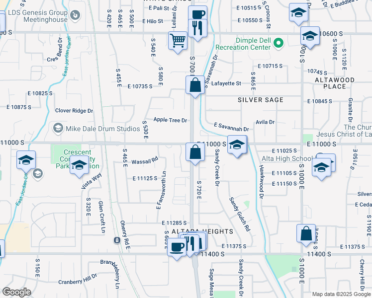 map of restaurants, bars, coffee shops, grocery stores, and more near 11025 South Grapevine Cove in Sandy