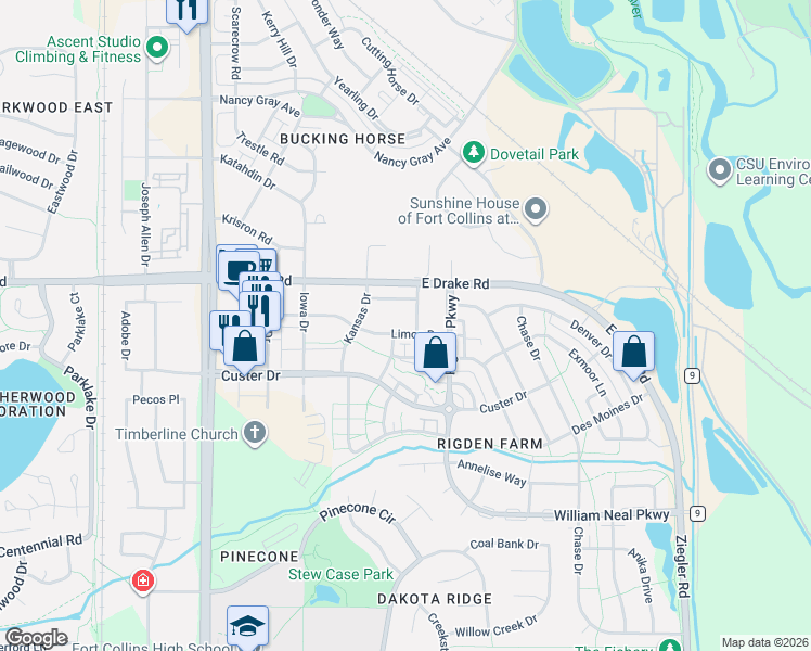 map of restaurants, bars, coffee shops, grocery stores, and more near 2608 Kansas Drive in Fort Collins