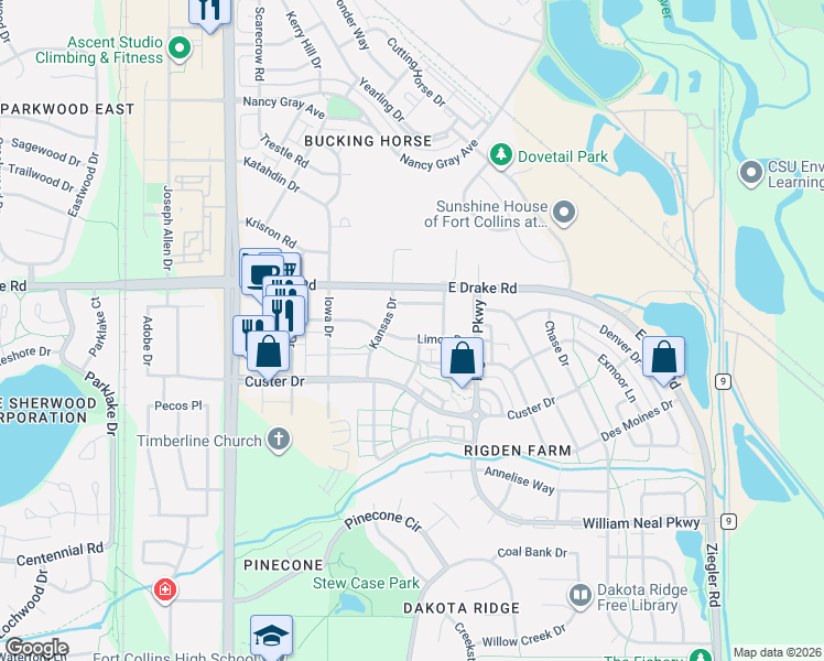 map of restaurants, bars, coffee shops, grocery stores, and more near 2608 Kansas Drive in Fort Collins