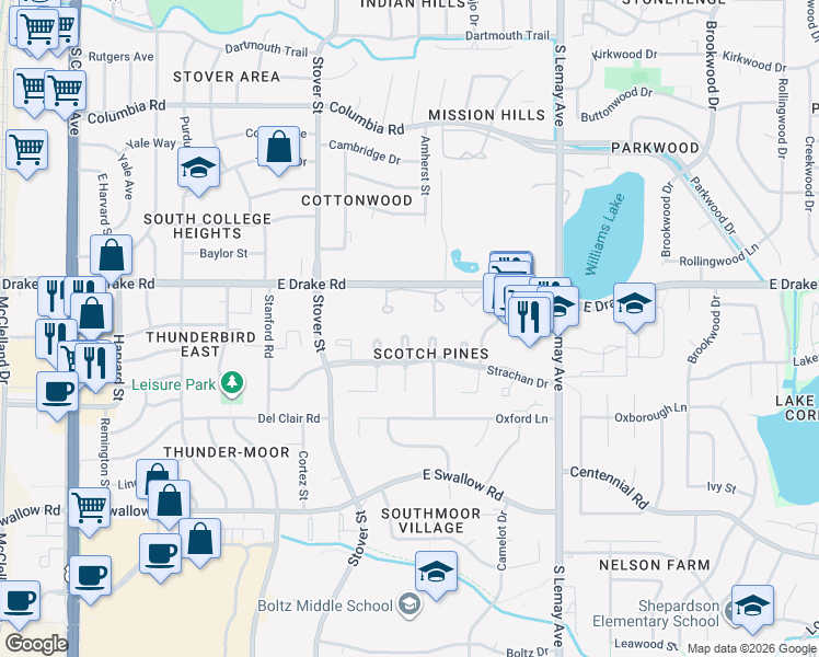 map of restaurants, bars, coffee shops, grocery stores, and more near 2707 Dundee Court in Fort Collins