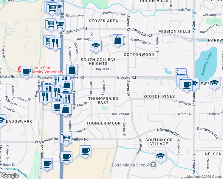map of restaurants, bars, coffee shops, grocery stores, and more near 2700 Leisure Drive in Fort Collins