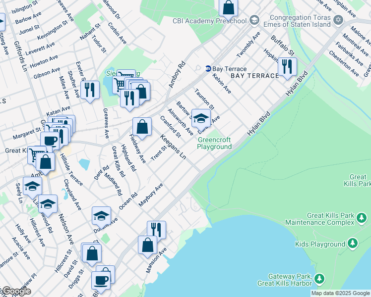 map of restaurants, bars, coffee shops, grocery stores, and more near 127 Keegans Lane in Staten Island