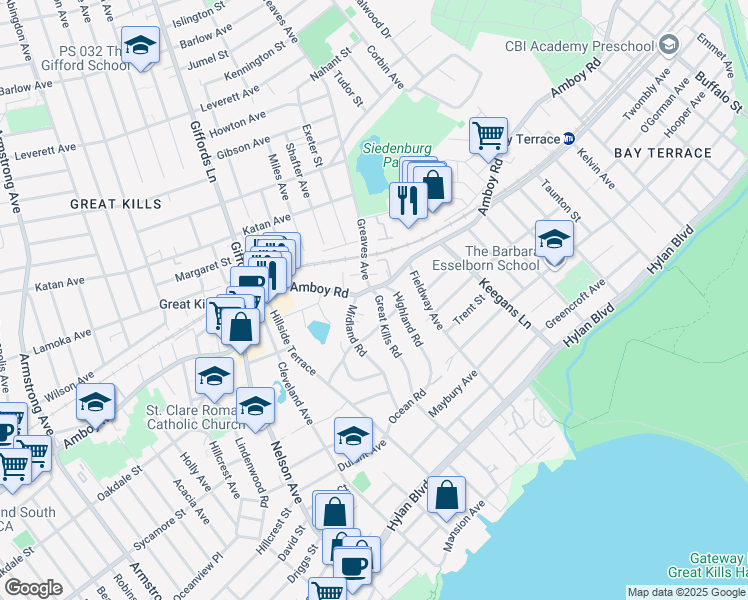 map of restaurants, bars, coffee shops, grocery stores, and more near 116 Great Kills Road in Staten Island