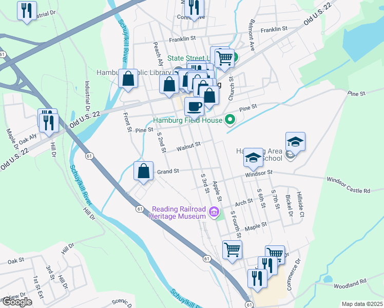 map of restaurants, bars, coffee shops, grocery stores, and more near 228 South 3rd Street in Hamburg